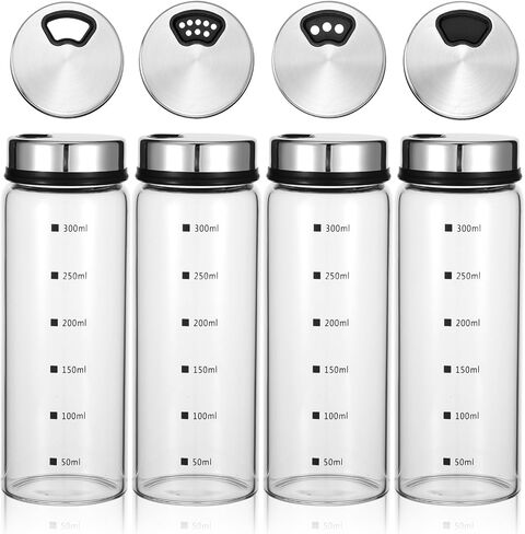 4Pcs Salt Pepper Shakers with Adjustable Outlet Holes, 10 oz Clear Glass Shaker Bottles, Salt Shakers for Kitchen, Spice Seasoning Cans for Kitchen Decor Home Restaurant BBQ Camping in Kuwait