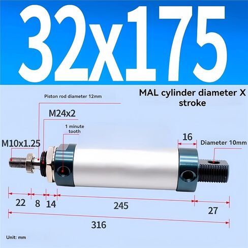 MAL32 Series Mini Pneumatic Cylinder 32mm Bore 25/50/75/100/125/150/200/300mm stroke stroke stroke stroke stuple inclinder aluminium cylinder (MAL32-125) in Kuwait