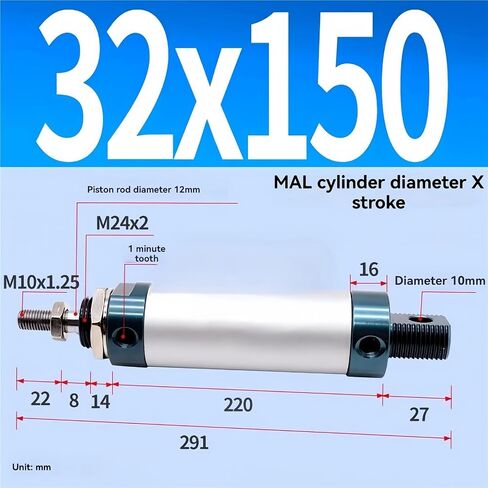 MAL32 Series Mini Pneumatic Cylinder 32mm Bore 25/50/75/100/125/150/200/300mm stroke stroke stroke stroke stuple inclinder aluminium cylinder (MAL32-125) in Kuwait