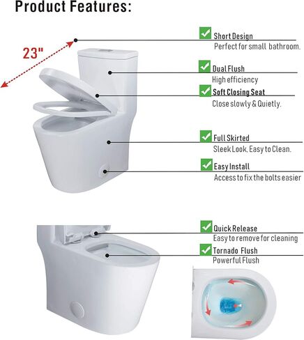Winzo WZ5089 Compact Round One Piece Evalet 23 "عمق ، تدفق مزدوج للحمام الحديث الصغير 12" أبيض خشن in Kuwait