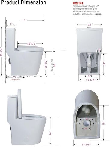 Winzo WZ5089 Compact Round One Piece Evalet 23 "عمق ، تدفق مزدوج للحمام الحديث الصغير 12" أبيض خشن in Kuwait