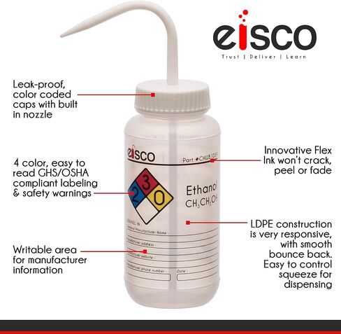 EISCO 6PK Wash Bottle for Ethanol, 500ml - Labeled with Color Coded Chemical & Safety Information (4 Colors) - Wide Mouth, Self Venting, Low Density Polyethylene Labs in Kuwait