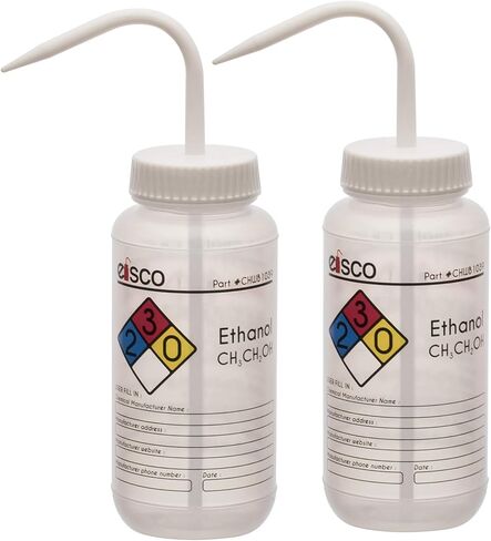 EISCO 6PK Wash Bottle for Ethanol, 500ml - Labeled with Color Coded Chemical & Safety Information (4 Colors) - Wide Mouth, Self Venting, Low Density Polyethylene Labs in Kuwait