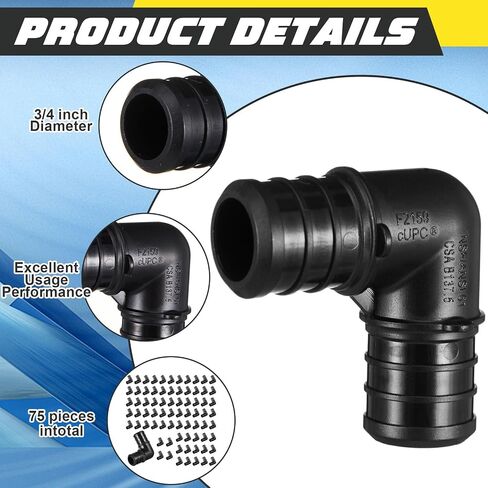 75 Pcs 3/4 Inch 90 Degree Elbow Pex Fittings Ppsu F2159 Poly Alloy Elbow Pex-a Expansion Fittings for Pipe Drinking Water, Water Heating and Radiant Heating Applications in Saudi Arabia
