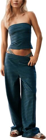 MISSACTIVER Women Two Piece Sets Striped Matching Outfits Strapless Crop Tube Top and Elastic Waist Wide Leg Pants Set in Saudi Arabia