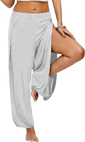 Harem Pants for Women Double High Slit Leg Flowy Yoga Pant Pilates Dance Hippie Wrap Beach Cover-Up Pants Gray in Saudi Arabia