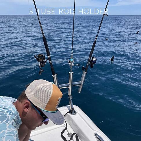 Mojiate 3 Tube Rod Holder-Stainless Steel Trident Outrigger Stylish-Tree Triple Rod Holder Adjustable Silver Kite Fishing Mount 3-Rod Racks for Boat, Ship, Yacht in Kuwait