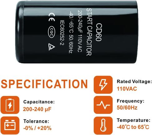 200-240 uf/MFD CD60 Round Start Capacitor ±20% 50/60 Hz 110-125 VAC Round Motor Well Pump Start Capacitor (200-240 uf/MFD, 2) in Saudi Arabia