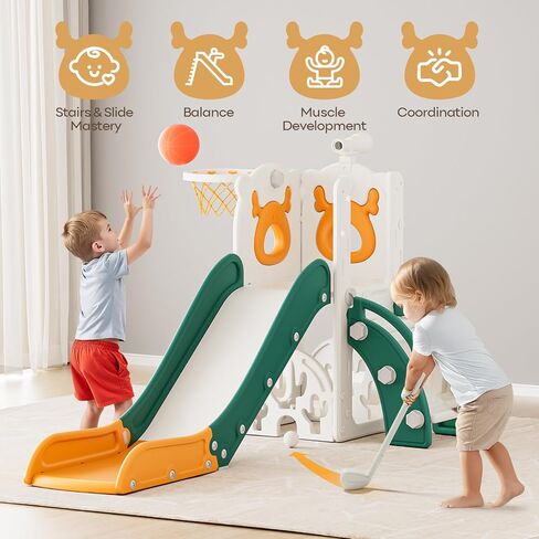Mloong 7 in 1 Slide Toddler ، ينزلق الأطفال للأطفال الصغار من 1 إلى 3 سنوات ، داخليًا وخارجيًا مع لعبة Golf Golf Wolf For Kids Easy Assembly Design (Beige & Rosy Brown) (28 × 62 × 39in) in Kuwait