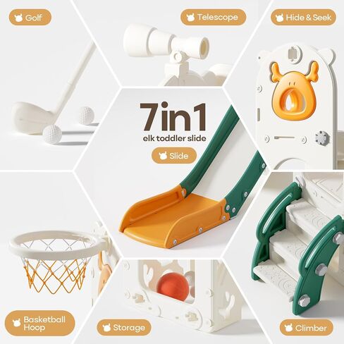 Mloong 7 in 1 Slide Toddler ، ينزلق الأطفال للأطفال الصغار من 1 إلى 3 سنوات ، داخليًا وخارجيًا مع لعبة Golf Golf Wolf For Kids Easy Assembly Design (Beige & Rosy Brown) (28 × 62 × 39in) in Kuwait