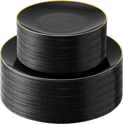 100PCS Black Plastic Plates with Gold Rim, Black Gold Disposable Plates for Party, Graduation and Wedding, Include 50 Dinner Plates, 50 Dessert Plates for 50 Guests in Saudi Arabia