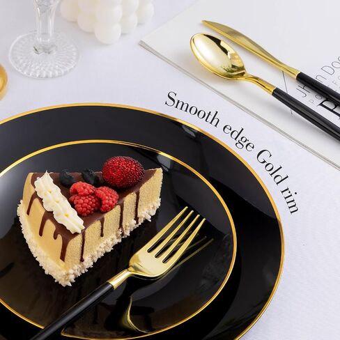 100PCS Black Plastic Plates with Gold Rim, Black Gold Disposable Plates for Party, Graduation and Wedding, Include 50 Dinner Plates, 50 Dessert Plates for 50 Guests in Saudi Arabia