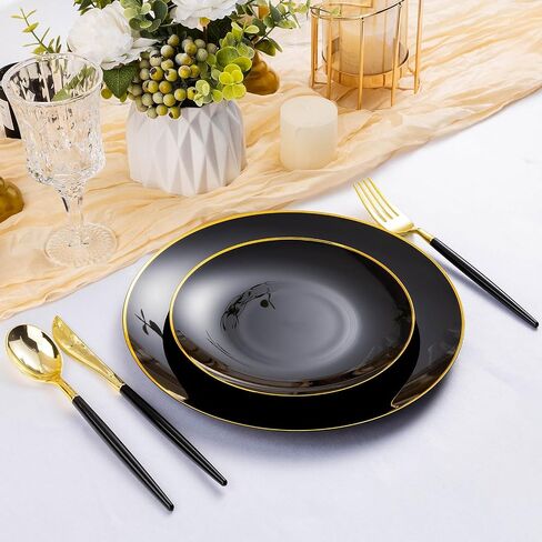 100PCS Black Plastic Plates with Gold Rim, Black Gold Disposable Plates for Party, Graduation and Wedding, Include 50 Dinner Plates, 50 Dessert Plates for 50 Guests in Saudi Arabia