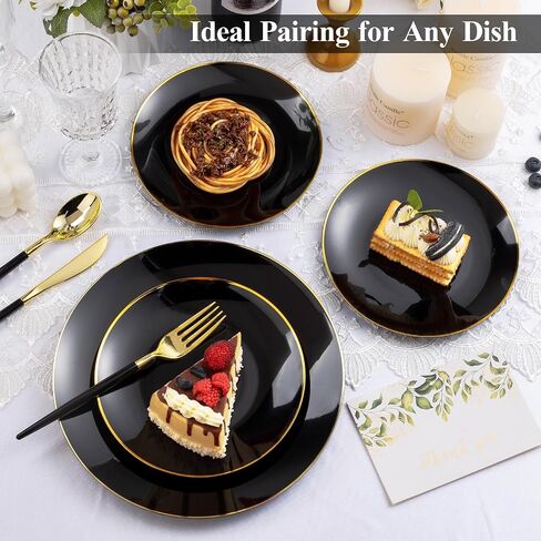 100PCS Black Plastic Plates with Gold Rim, Black Gold Disposable Plates for Party, Graduation and Wedding, Include 50 Dinner Plates, 50 Dessert Plates for 50 Guests in Saudi Arabia