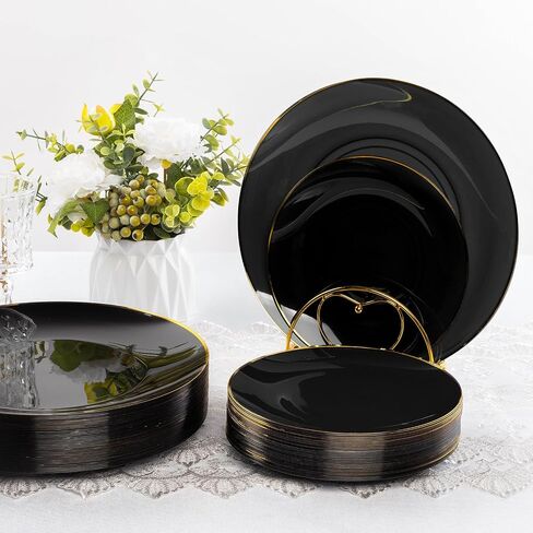 100PCS Black Plastic Plates with Gold Rim, Black Gold Disposable Plates for Party, Graduation and Wedding, Include 50 Dinner Plates, 50 Dessert Plates for 50 Guests in Saudi Arabia