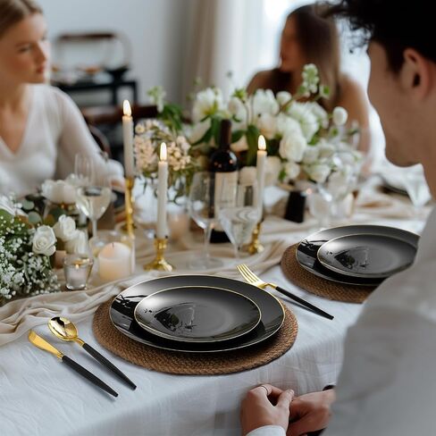 100PCS Black Plastic Plates with Gold Rim, Black Gold Disposable Plates for Party, Graduation and Wedding, Include 50 Dinner Plates, 50 Dessert Plates for 50 Guests in Saudi Arabia