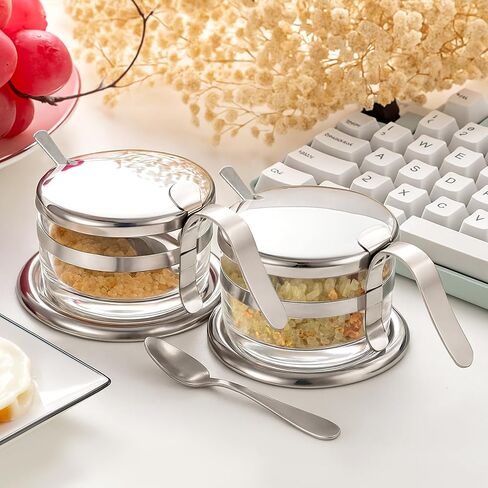 Honeydak 2 مجموعة خادم الملح التحمل من الفولاذ المقاوم للصدأ مع قبو الملعقة مع حاويات ملعقة للملعقة لتخزين التوابل للكوشير والبحر والحلوى والفلفل وجرة توابل الوزن الثقيل in Kuwait