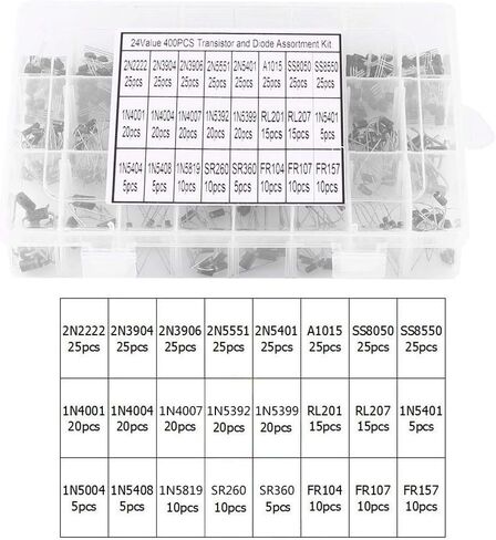400PCS DIODE KIT ، 24 قيم DATION DIEDES DIEDES KIT ، 1N4001 ، 1N4004 ، 1N4007 ، 1N5392 ، 1N5399 ، N5819 ، SR260 ، FR104 ، FR107 ، FR157 ، 1N5401 ، 1N5004 ، 1N5408 ، SR360 in Saudi Arabia