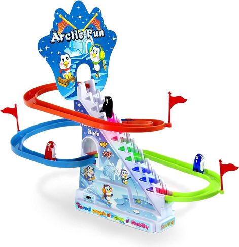 مجموعة ألعاب Penguin Penguin Arctic: تسلق الدرج Penguin PlaySet مع مسارات منزلق ، مفتاح تشغيل/إيقاف تشغيل للموسيقى للتشغيل الهادئ | لعبة سباق البطريق للأطفال الصغار الأولاد والبنات in Kuwait