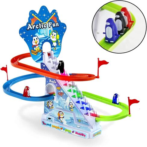 مجموعة ألعاب Penguin Penguin Arctic: تسلق الدرج Penguin PlaySet مع مسارات منزلق ، مفتاح تشغيل/إيقاف تشغيل للموسيقى للتشغيل الهادئ | لعبة سباق البطريق للأطفال الصغار الأولاد والبنات in Kuwait