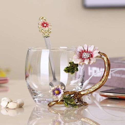 Enamel Sunflower Crystal Lead-Free Glass Tea Cup with Spoon Set, Present for The Christmas, Valentine's Day.Best Present for Mother, Grandma, Girlfriend, Sister. in Saudi Arabia