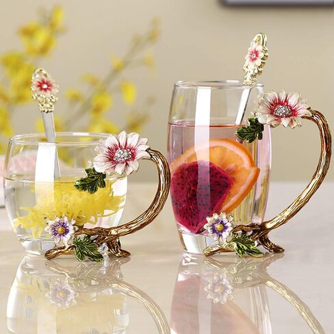 Enamel Sunflower Crystal Lead-Free Glass Tea Cup with Spoon Set, Present for The Christmas, Valentine's Day.Best Present for Mother, Grandma, Girlfriend, Sister. in Saudi Arabia