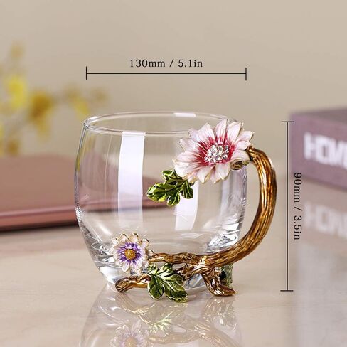 Enamel Sunflower Crystal Lead-Free Glass Tea Cup with Spoon Set, Present for The Christmas, Valentine's Day.Best Present for Mother, Grandma, Girlfriend, Sister. in Saudi Arabia