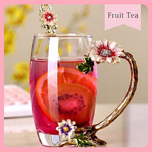 Enamel Sunflower Crystal Lead-Free Glass Tea Cup with Spoon Set, Present for The Christmas, Valentine's Day.Best Present for Mother, Grandma, Girlfriend, Sister. in Saudi Arabia