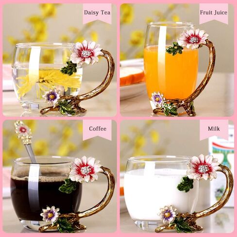 Enamel Sunflower Crystal Lead-Free Glass Tea Cup with Spoon Set, Present for The Christmas, Valentine's Day.Best Present for Mother, Grandma, Girlfriend, Sister. in Saudi Arabia