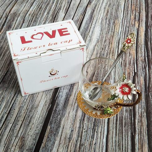 Enamel Sunflower Crystal Lead-Free Glass Tea Cup with Spoon Set, Present for The Christmas, Valentine's Day.Best Present for Mother, Grandma, Girlfriend, Sister. in Saudi Arabia