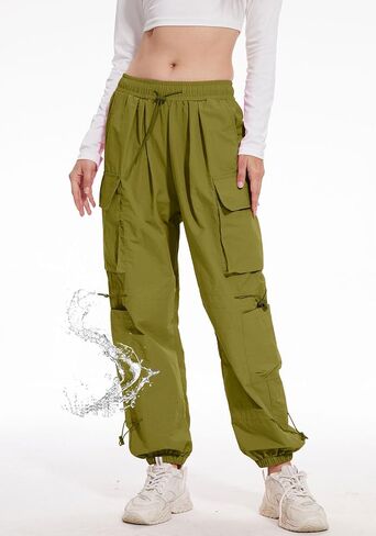Womens Parachute Cargo Pants with Pockets Y2K Low Waist Wide Leg Pants Lightweight Waterproof Baggy Joggers in Kuwait