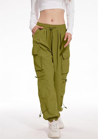 Womens Parachute Cargo Pants with Pockets Y2K Low Waist Wide Leg Pants Lightweight Waterproof Baggy Joggers in Kuwait