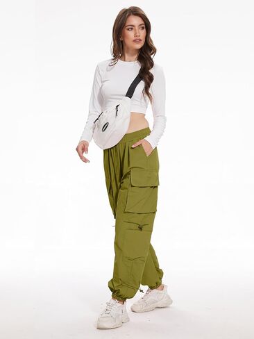 Womens Parachute Cargo Pants with Pockets Y2K Low Waist Wide Leg Pants Lightweight Waterproof Baggy Joggers in Kuwait