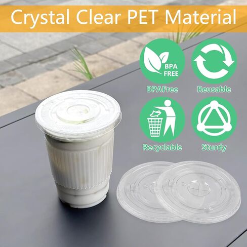 98 مم صافي أغطية بلاستيكية مسطحة مسطحة الأغطية التي يمكن التخلص منها مع فتحة قش لمدة 12 و 16 و 20 و 24 أوقية لمستلزمات الحليب المليئة بالآيس كريم ، حزمة 50 in Kuwait