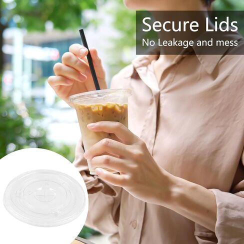 98 مم صافي أغطية بلاستيكية مسطحة مسطحة الأغطية التي يمكن التخلص منها مع فتحة قش لمدة 12 و 16 و 20 و 24 أوقية لمستلزمات الحليب المليئة بالآيس كريم ، حزمة 50 in Kuwait