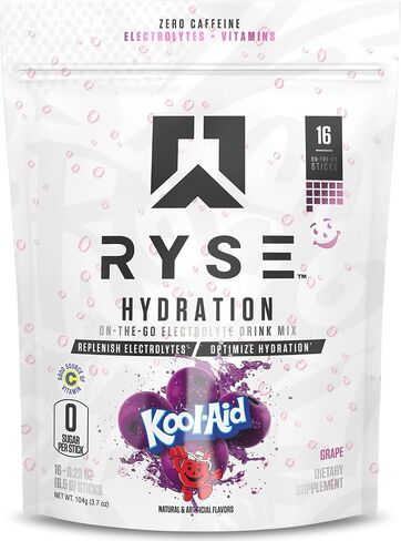 Ryse Hydration electrolete powder reck -mix packets - kool -aid grape - electrolytes full spectrum fular مع الفيتامينات الأساسية والتوراين والكولين من أجل الإماهة - 16 عصي تقديم in Kuwait