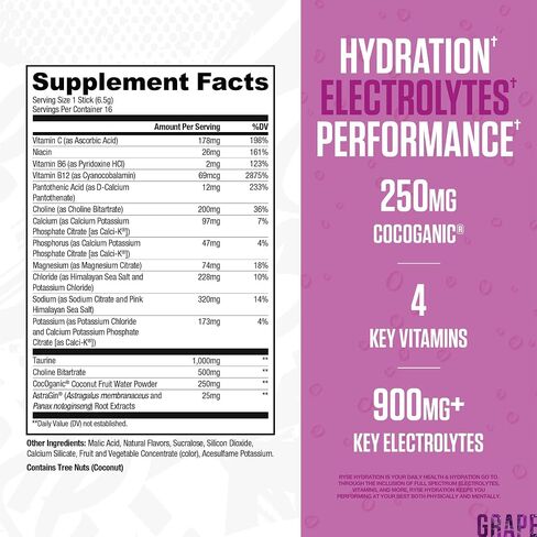 Ryse Hydration electrolete powder reck -mix packets - kool -aid grape - electrolytes full spectrum fular مع الفيتامينات الأساسية والتوراين والكولين من أجل الإماهة - 16 عصي تقديم in Kuwait