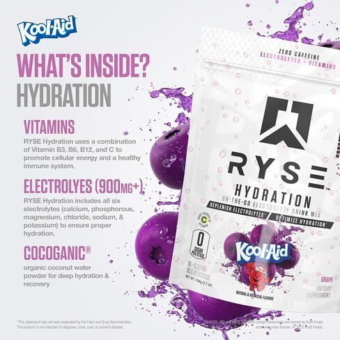 Ryse Hydration electrolete powder reck -mix packets - kool -aid grape - electrolytes full spectrum fular مع الفيتامينات الأساسية والتوراين والكولين من أجل الإماهة - 16 عصي تقديم in Kuwait