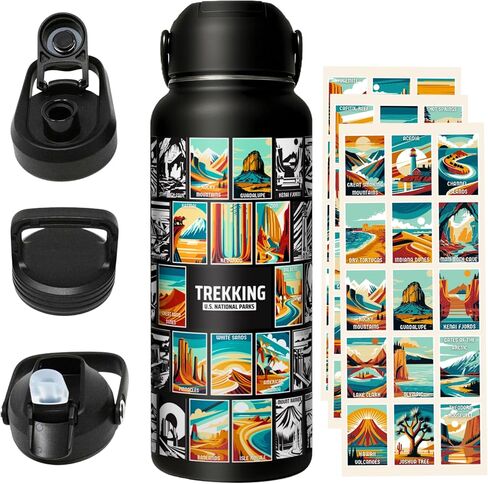 Original 32oz National Parks Water Bottle with 63 Waterproof/Tear Resistance Stickers & 3 Lids (Straw, Spout, & Chug)- Hiking Water Bottle for Traveling, Hiking, Camping, National Park Gifts in Saudi Arabia