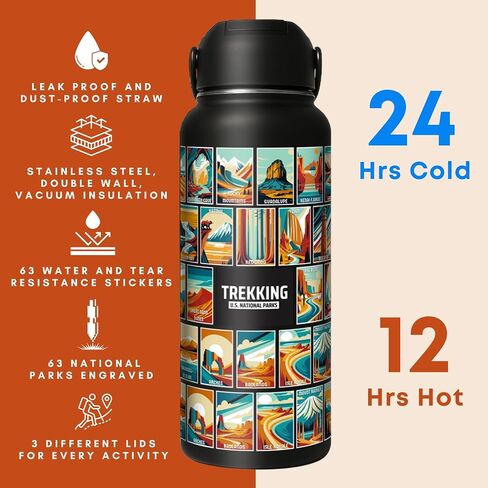 Original 32oz National Parks Water Bottle with 63 Waterproof/Tear Resistance Stickers & 3 Lids (Straw, Spout, & Chug)- Hiking Water Bottle for Traveling, Hiking, Camping, National Park Gifts in Saudi Arabia