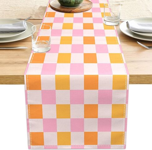 Retro Hippie Table Runner 13x71 Inch Geometric Checkered Yellow Orange Pink 60s 70s Vintage Groovy Docor Dinner Runner for Living Room Kitchen Party Holiday (13x71 Inch, Retro Orange Pink Checkered) in Kuwait