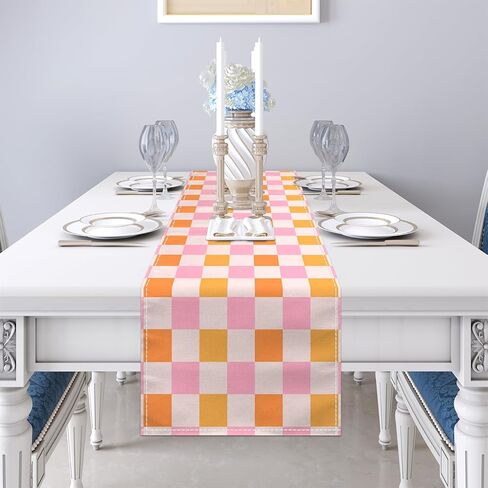 Retro Hippie Table Runner 13x71 Inch Geometric Checkered Yellow Orange Pink 60s 70s Vintage Groovy Docor Dinner Runner for Living Room Kitchen Party Holiday (13x71 Inch, Retro Orange Pink Checkered) in Kuwait