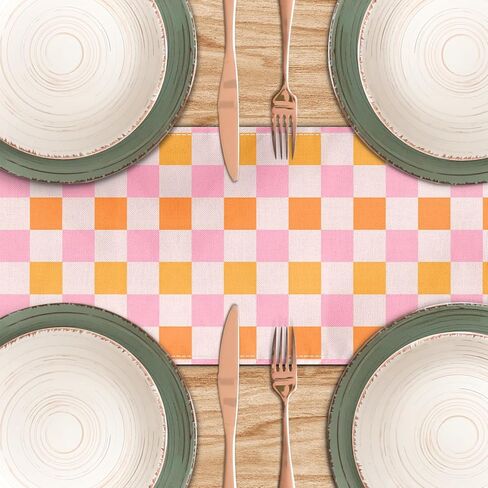 Retro Hippie Table Runner 13x71 Inch Geometric Checkered Yellow Orange Pink 60s 70s Vintage Groovy Docor Dinner Runner for Living Room Kitchen Party Holiday (13x71 Inch, Retro Orange Pink Checkered) in Kuwait