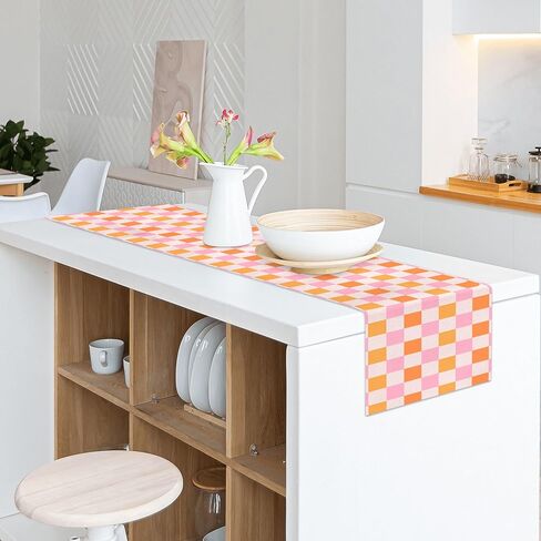 Retro Hippie Table Runner 13x71 Inch Geometric Checkered Yellow Orange Pink 60s 70s Vintage Groovy Docor Dinner Runner for Living Room Kitchen Party Holiday (13x71 Inch, Retro Orange Pink Checkered) in Kuwait