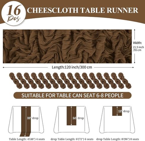 16 Pack 10Ft Cheesecloth Table Runner Brown, 20 x 120 Inch Rustic Gauze Boho Cheese Cloth Table Runners Wedding Long Table Runner for Wedding Party Bridal Shower Table Decoration in Kuwait
