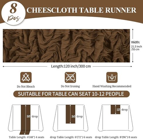 16 Pack 10Ft Cheesecloth Table Runner Brown, 20 x 120 Inch Rustic Gauze Boho Cheese Cloth Table Runners Wedding Long Table Runner for Wedding Party Bridal Shower Table Decoration in Kuwait