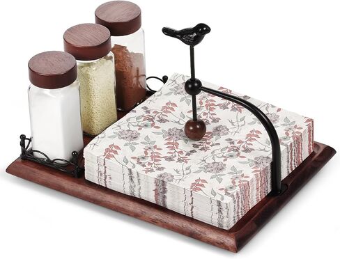 4-Piece Napkin Holder for Table with Salt and Pepper Shakers, Acacia Wood Base & Bird-shaped Weighted Arm, Includes 3 Glass Spice Jars and Sturdy Napkin Stand for Kitchen, Restaurant, Party, Dining in Kuwait
