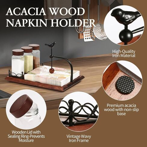 4-Piece Napkin Holder for Table with Salt and Pepper Shakers, Acacia Wood Base & Bird-shaped Weighted Arm, Includes 3 Glass Spice Jars and Sturdy Napkin Stand for Kitchen, Restaurant, Party, Dining in Kuwait