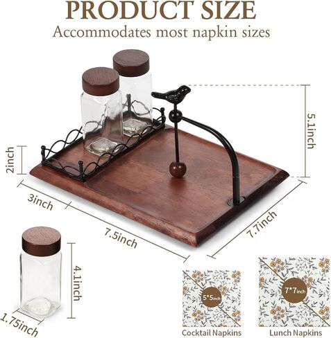 4-Piece Napkin Holder for Table with Salt and Pepper Shakers, Acacia Wood Base & Bird-shaped Weighted Arm, Includes 3 Glass Spice Jars and Sturdy Napkin Stand for Kitchen, Restaurant, Party, Dining in Kuwait