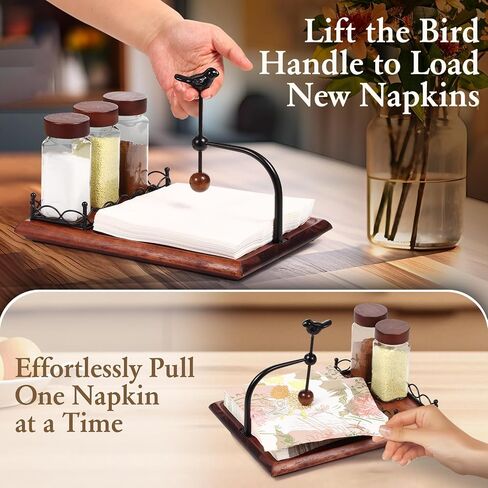 4-Piece Napkin Holder for Table with Salt and Pepper Shakers, Acacia Wood Base & Bird-shaped Weighted Arm, Includes 3 Glass Spice Jars and Sturdy Napkin Stand for Kitchen, Restaurant, Party, Dining in Kuwait